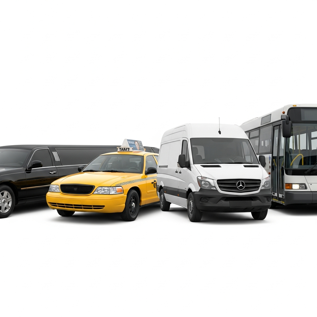 Luxury limousines, black SUVs, sprinter vans and motorcoaches lined up — InsureLimos transportation insurance fleet